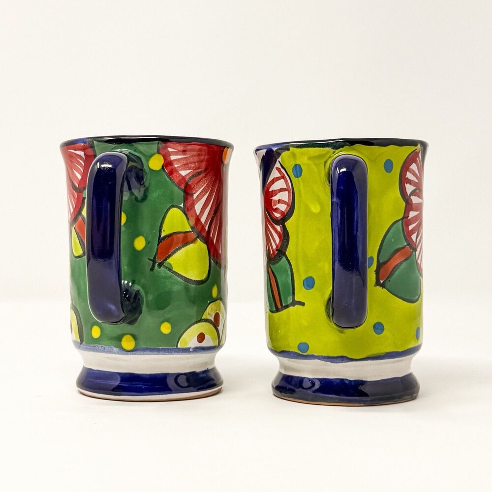 Vintage Talavera Hand Painted Mexican Pottery Mug Set Floral Folk Art Cups Pair - Picture 4 of 8